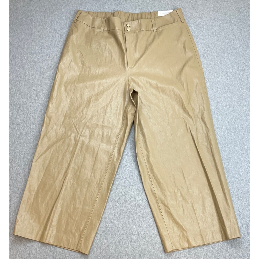 Chicos Pants Women Size 3R (16R) Beige Wide Leg Crop Faux Leather Fly Front NWT